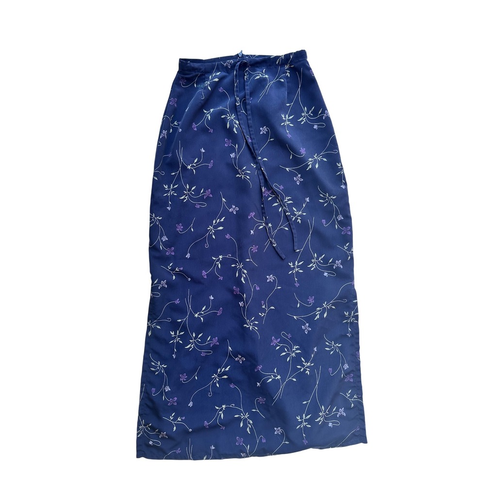 Vintage Y2K Aeropostale Navy Blue Floral Midi Slip Skirt Size 6 Slit Whimsygoth